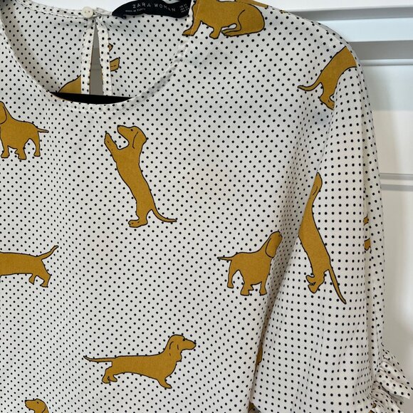 Zara Women Mustard Dachshund Dog Print Polka Dot Blouse – XS - Picture 3 of 8